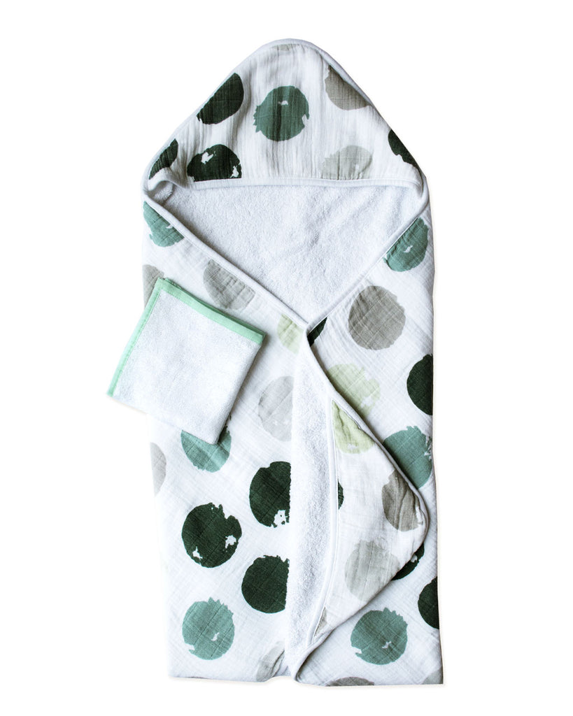 MOSS GREEN CIRCLES | Hooded Towel + Washcloth Set